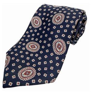 JOHN HENRY Silk Necktie Navy Medallion Geometric Classic 3.5” x 58” USA
